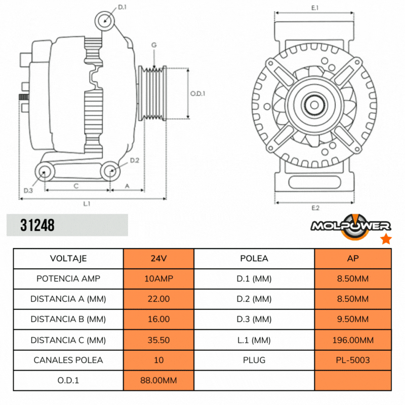 ALTERNADOR SCANIA 480 DX420 520 24V 100AMP P:9PK TIPO MITSUBISHI 20290