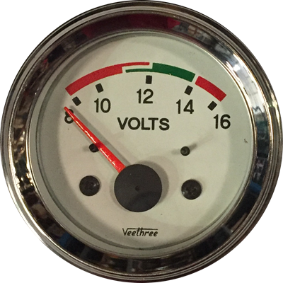 VOLTIMETRO 52MM 12V ESCALA 8-16 COLOR TABLERO BLANCO ARO CROMADO