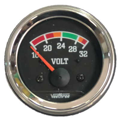 VOLTIMETRO 52MM 24V ESCALA 16-32 ESCALA COLOR TABLERO NEGRO ARO CROMADO